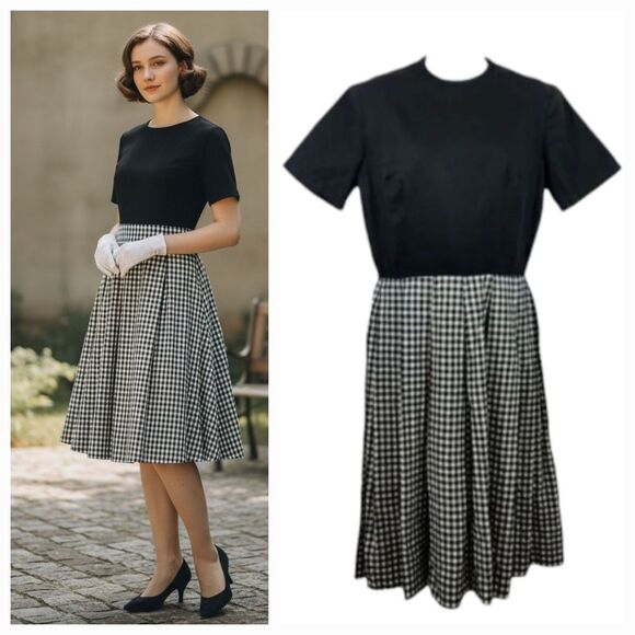 Vintage Dresses & Skirts - Vintage 50's 60's Handmade Gingham Fit and Flare in Black/White Dress Size Med